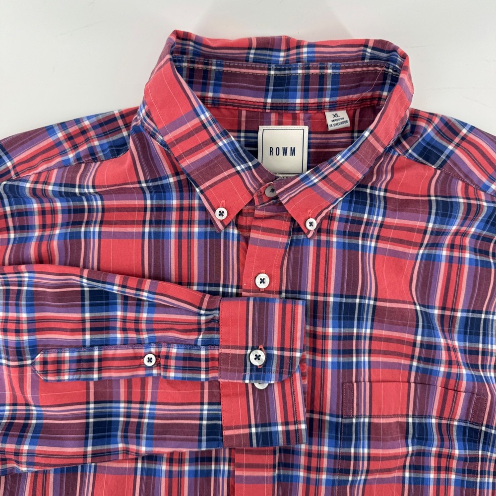 ROWM Plaid Button Front Shirt Mens XL Red Blue Long Sleeve Cotton Casual Pocket